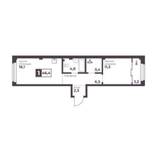 1-к квартира, строящийся дом, 46м2, 11/18 этаж