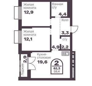 2-к квартира, вторичка, 59м2, 21/8 этаж