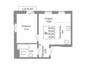 2-к квартира, строящийся дом, 36м2, 10/10 этаж