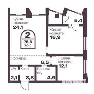 2-к квартира, вторичка, 70м2, 2/24 этаж