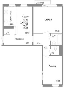 3-к квартира, строящийся дом, 65м2, 9/10 этаж