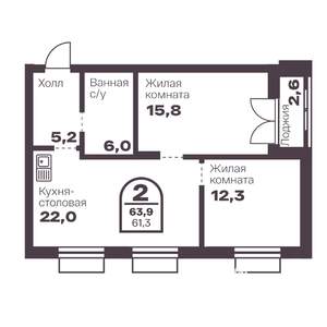 2-к квартира, вторичка, 61м2, 6/24 этаж