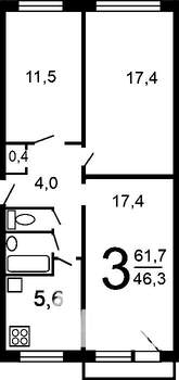 3-к квартира, вторичка, 61м2, 4/5 этаж