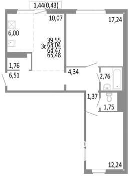 3-к квартира, строящийся дом, 64м2, 4/10 этаж