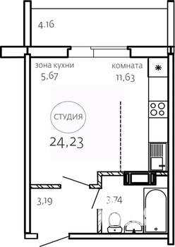 Студия квартира, строящийся дом, 24м2, 2/10 этаж