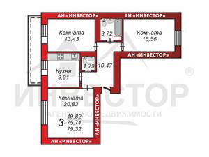 3-к квартира, вторичка, 74м2, 2/10 этаж