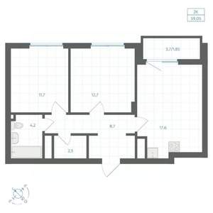 2-к квартира, вторичка, 59м2, 11/18 этаж