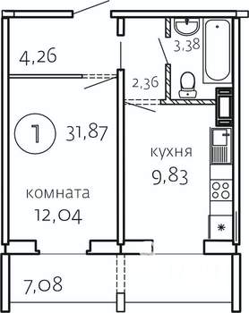 1-к квартира, строящийся дом, 32м2, 9/10 этаж