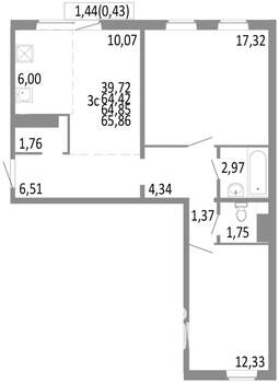 3-к квартира, строящийся дом, 65м2, 6/10 этаж