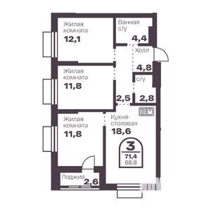 3-к квартира, вторичка, 69м2, 12/24 этаж