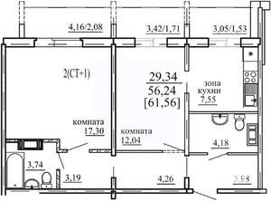 2-к квартира, вторичка, 56м2, 1/10 этаж