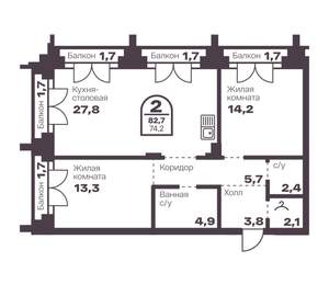 2-к квартира, вторичка, 74м2, 3/8 этаж