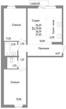 3-к квартира, строящийся дом, 56м2, 5/10 этаж