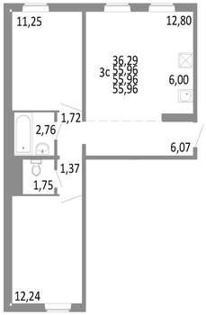 3-к квартира, строящийся дом, 56м2, 2/10 этаж