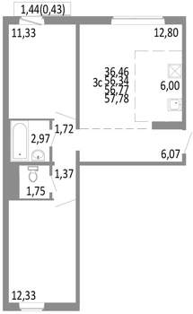 3-к квартира, строящийся дом, 56м2, 9/10 этаж