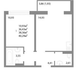 1-к квартира, вторичка, 38м2, 7/14 этаж