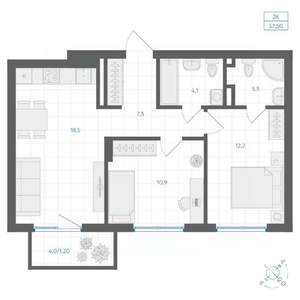 2-к квартира, вторичка, 58м2, 5/18 этаж