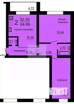 2-к квартира, вторичка, 65м2, 1/10 этаж