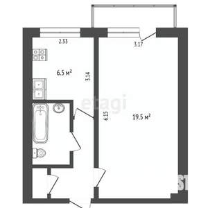 1-к квартира, вторичка, 33м2, 6/9 этаж