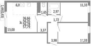 3-к квартира, строящийся дом, 57м2, 8/10 этаж