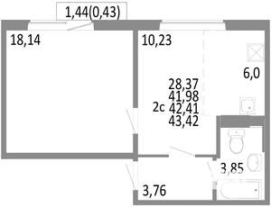 2-к квартира, строящийся дом, 42м2, 8/10 этаж