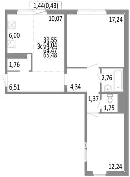 3-к квартира, строящийся дом, 64м2, 6/10 этаж
