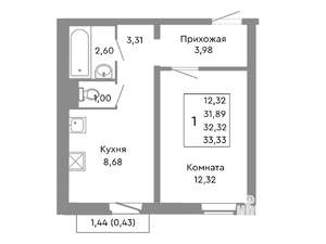 1-к квартира, строящийся дом, 32м2, 4/10 этаж
