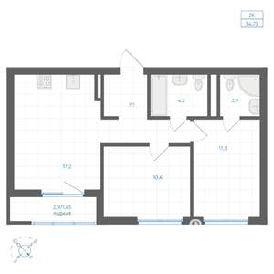 2-к квартира, вторичка, 55м2, 6/10 этаж
