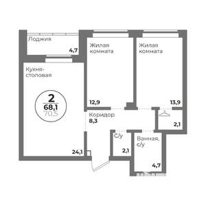 2-к квартира, строящийся дом, 68м2, 11/22 этаж