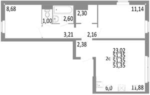 2-к квартира, строящийся дом, 51м2, 1/10 этаж