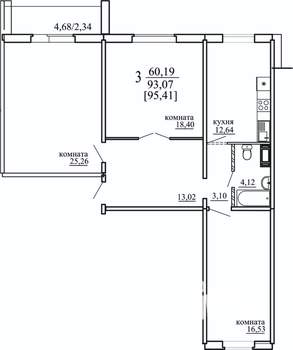 3-к квартира, строящийся дом, 93м2, 9/10 этаж
