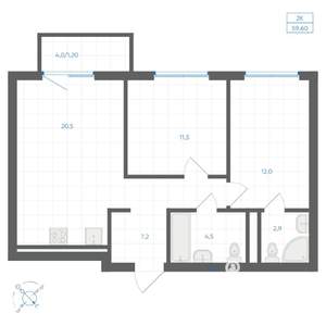 2-к квартира, вторичка, 60м2, 7/11 этаж