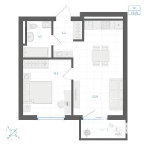 1-к квартира, вторичка, 43м2, 7/9 этаж