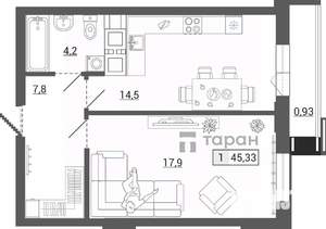 1-к квартира, вторичка, 44м2, 12/30 этаж