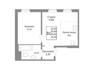 2-к квартира, строящийся дом, 36м2, 2/10 этаж