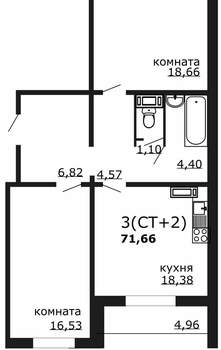 3-к квартира, вторичка, 72м2, 10/18 этаж