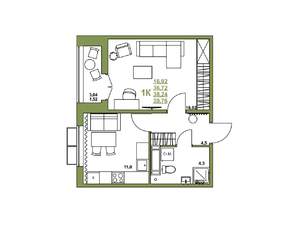 1-к квартира, вторичка, 38м2, 3/16 этаж