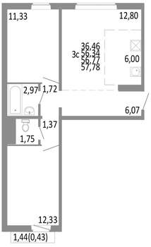3-к квартира, строящийся дом, 57м2, 10/10 этаж