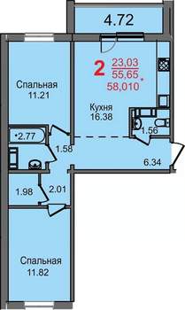 2-к квартира, строящийся дом, 56м2, 3/10 этаж