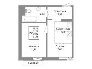2-к квартира, строящийся дом, 32м2, 8/10 этаж