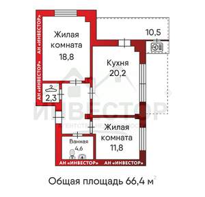 2-к квартира, вторичка, 66м2, 13/16 этаж