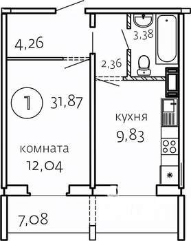 1-к квартира, строящийся дом, 32м2, 1/10 этаж