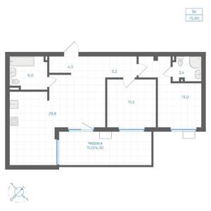 3-к квартира, вторичка, 76м2, 1/9 этаж
