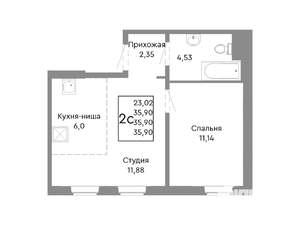 2-к квартира, строящийся дом, 36м2, 2/10 этаж