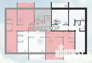 2-к квартира, вторичка, 64м2, 6/9 этаж