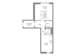 1-к квартира, строящийся дом, 44м2, 1/10 этаж