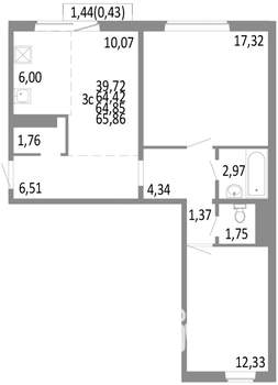 3-к квартира, строящийся дом, 65м2, 4/10 этаж