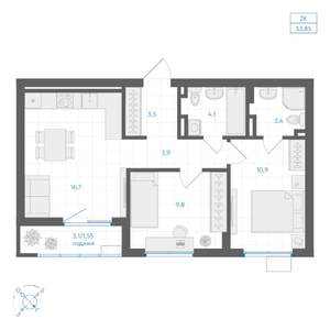 2-к квартира, вторичка, 54м2, 5/9 этаж