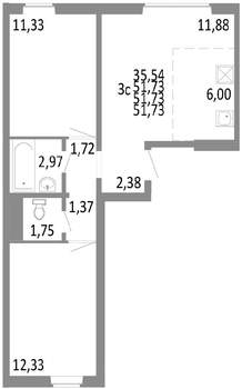 3-к квартира, строящийся дом, 52м2, 1/10 этаж