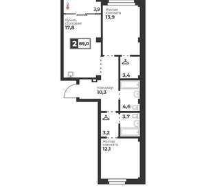 2-к квартира, вторичка, 69м2, 6/17 этаж